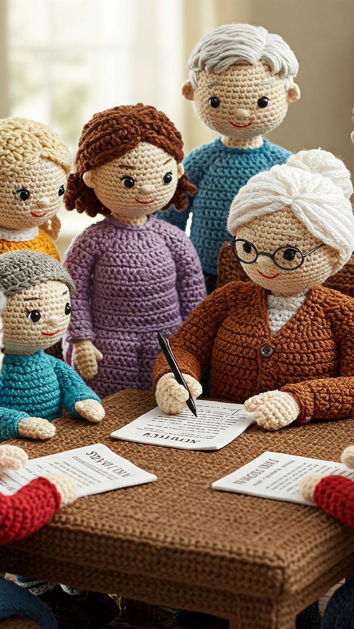 A family sitting together at a table, reviewing and signing estate planning and trust documents.