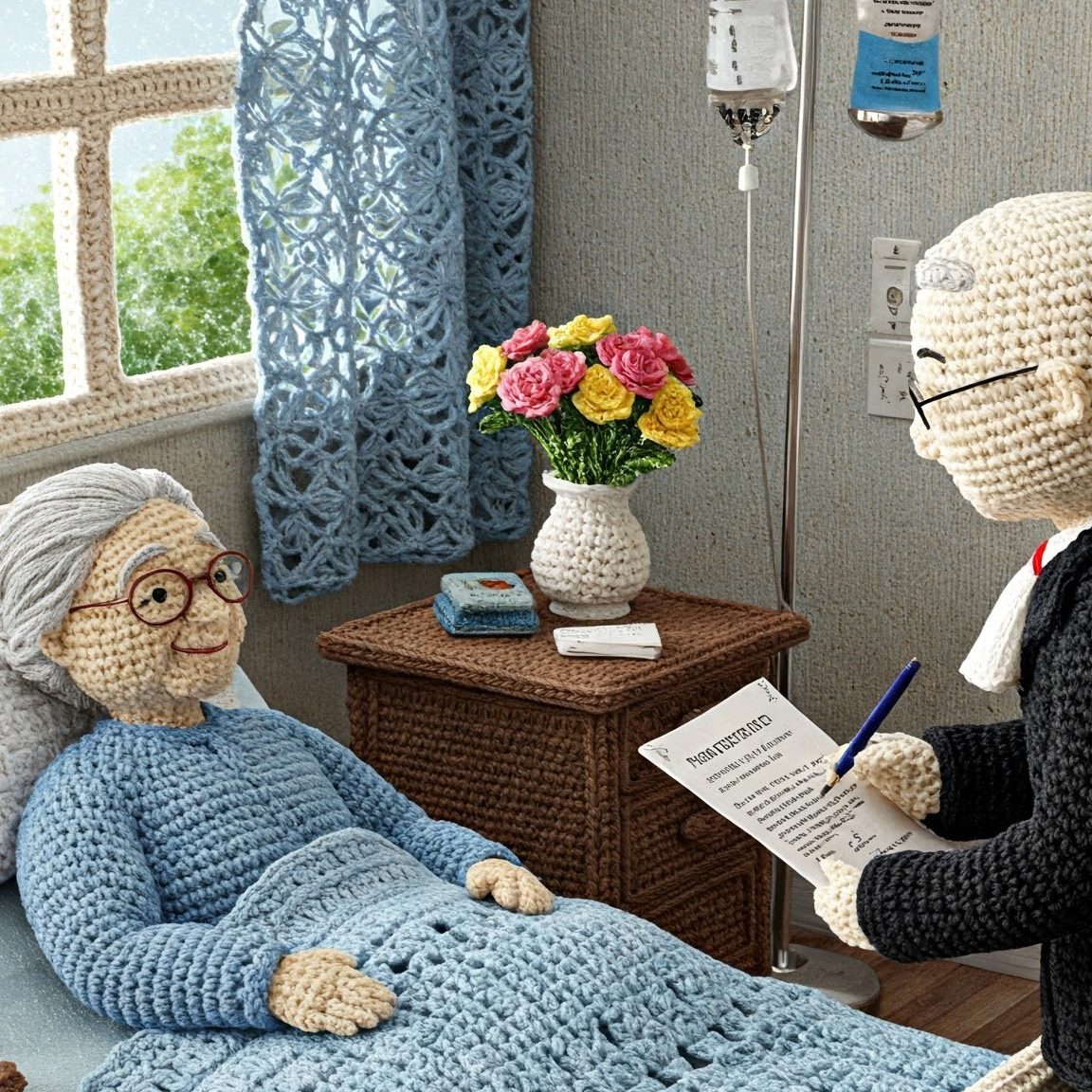 Notary meeting with a woman in a hospital bed to complete her Advanced Health Care Directive and Power of Attorney